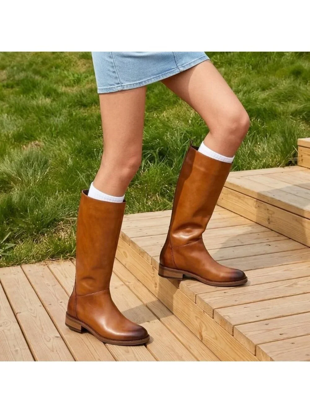 Women's Brown Round Toe Low Heel Comfortable Side Zipper Buckle Knee High Boots